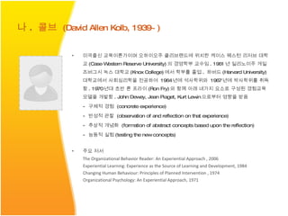 미국출신 교육이론가이며  오하이오주 클리브랜드에 위치한  케이스 웨스턴 리저브 대학교 ( Case Western Reserve University) 의 경영학부 교수임 . 1961 년  일리노이주 게일즈버그시 녹스 대학교 ( Knox College) 에서 학부를 졸업 .  하버드 ( Harvard University)   대학교에서  사회심리학을 전공하여  1964 년 에  석사학위 와   1967 년 에  박사학위 를  취득 함 . 1970 년 대  초반 론  프라이 ( Ron Fry) 와 함께 아래 네가지 요소로 구성된 경험교육 모델을 개발함 . John Dewey, Jean Piaget, Kurt Lewin 으로부터  영향을 받음  -  구체적 경험  (concrete experience) -  반성적 관찰  (observation of and reflection on that experience)  -  추상적 개념화  (formation of abstract concepts based upon the reflection) -  능동적 실험 (testing the new concepts) 주요 저서 The Organizational Behavior Reader : An Experiential Approach  , 2006 Experiential Learning: Experience as the Source of Learning and Development, 1984 Changing Human Behaviour: Principles of Planned Intervention , 1974 Organizational Psychology: An Experiential Approach, 1971  나 .  콜브  (David Allen Kolb, 1939~)   