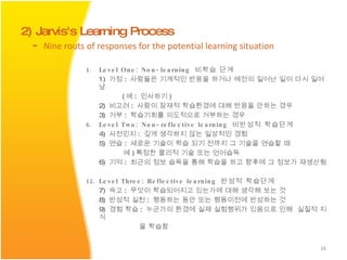 Level One: Non-learning  비학습 단계 1)  가정 :  사람들은 기계적인 반응을 하거나 예전의 일어난 일이 다시 일어남 ( 예 :  인사하기 ) 2)  비고려 :  사람이 잠재적 학습환경에 대해 반응을 안하는 경우 3)  거부 :  학습기회를 의도적으로 거부하는 경우 Level Two: Non-reflective learning  비반성적 학습단계 4)  사전인지 :  깊게 생각하지 않는 일상적인 경험 5)  연습 :  새로운 기술이 학습 되기 전까지 그 기술을 연습할 때  예 ) 특정한 물리적 기술 또는 언어습득 6)  기억 :  최근의 정보 습득을 통해 학습을 하고 향후에 그 정보가 재생산됨 Level Three: Reflective learning  반성적 학습단계 7)  숙고 :  무엇이 학습되어지고 있는가에 대해 생각해 보는 것 8)  반성적 실천 :  행동하는 동안 또는 행동이전에 반성하는 것 9)  경험 학습 :  누군가의 환경에 실제 실험행위가 있음으로 인해  실질적 지식 을 학습함 2) Jarvis's Learning Process -  N ine routs of responses for the potential learning situation 