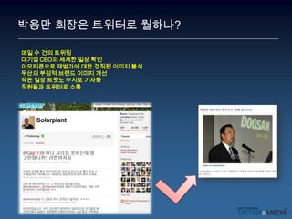 박용만 회장은 트위터로뭘하나?매일 수 건의 트위팅대기업 CEO의 세세한 일상 확인이모티콘으로재벌가에 대한 경직된 이미지 불식두산의 부정적 브랜드 이미지 개선작은 일상 트윗도 수시로 기사화직원들과 트위터로 소통