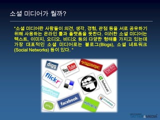 소셜 미디어가 뭘까?“소셜 미디어란 사람들이 의견, 생각, 경험, 관점 등을 서로 공유하기 위해 사용하는 온라인 툴과 플랫폼을 뜻한다. 이러한 소셜 미디어는 텍스트, 이미지, 오디오, 비디오 등의 다양한 형태를 가지고 있는데 가장 대표적인 소셜 미디어로는 블로그(Blogs), 소셜 네트워크(Social Networks) 등이 있다. “
