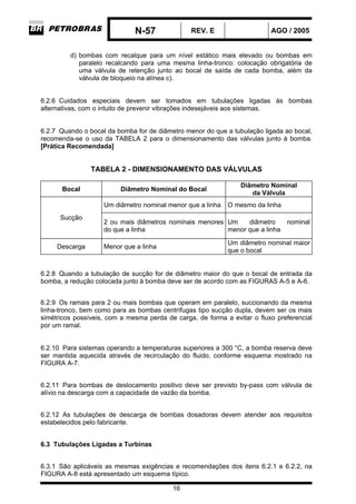 N-57 REV. E AGO / 2005
16
d) bombas com recalque para um nível estático mais elevado ou bombas em
paralelo recalcando para uma mesma linha-tronco: colocação obrigatória de
uma válvula de retenção junto ao bocal de saída de cada bomba, além da
válvula de bloqueio na alínea c).
6.2.6 Cuidados especiais devem ser tomados em tubulações ligadas ás bombas
alternativas, com o intuito de prevenir vibrações indesejáveis aos sistemas.
6.2.7 Quando o bocal da bomba for de diâmetro menor do que a tubulação ligada ao bocal,
recomenda-se o uso da TABELA 2 para o dimensionamento das válvulas junto à bomba.
[Prática Recomendada]
TABELA 2 - DIMENSIONAMENTO DAS VÁLVULAS
Bocal Diâmetro Nominal do Bocal
Diâmetro Nominal
da Válvula
Um diâmetro nominal menor que a linha O mesmo da linha
Sucção
2 ou mais diâmetros nominais menores
do que a linha
Um diâmetro nominal
menor que a linha
Descarga Menor que a linha
Um diâmetro nominal maior
que o bocal
6.2.8 Quando a tubulação de sucção for de diâmetro maior do que o bocal de entrada da
bomba, a redução colocada junto à bomba deve ser de acordo com as FIGURAS A-5 e A-6.
6.2.9 Os ramais para 2 ou mais bombas que operam em paralelo, succionando da mesma
linha-tronco, bem como para as bombas centrífugas tipo sucção dupla, devem ser os mais
simétricos possíveis, com a mesma perda de carga, de forma a evitar o fluxo preferencial
por um ramal.
6.2.10 Para sistemas operando a temperaturas superiores a 300 °C, a bomba reserva deve
ser mantida aquecida através de recirculação do fluido, conforme esquema mostrado na
FIGURA A-7.
6.2.11 Para bombas de deslocamento positivo deve ser previsto by-pass com válvula de
alívio na descarga com a capacidade de vazão da bomba.
6.2.12 As tubulações de descarga de bombas dosadoras devem atender aos requisitos
estabelecidos pelo fabricante.
6.3 Tubulações Ligadas a Turbinas
6.3.1 São aplicáveis as mesmas exigências e recomendações dos itens 6.2.1 e 6.2.2, na
FIGURA A-8 está apresentado um esquema típico.
 