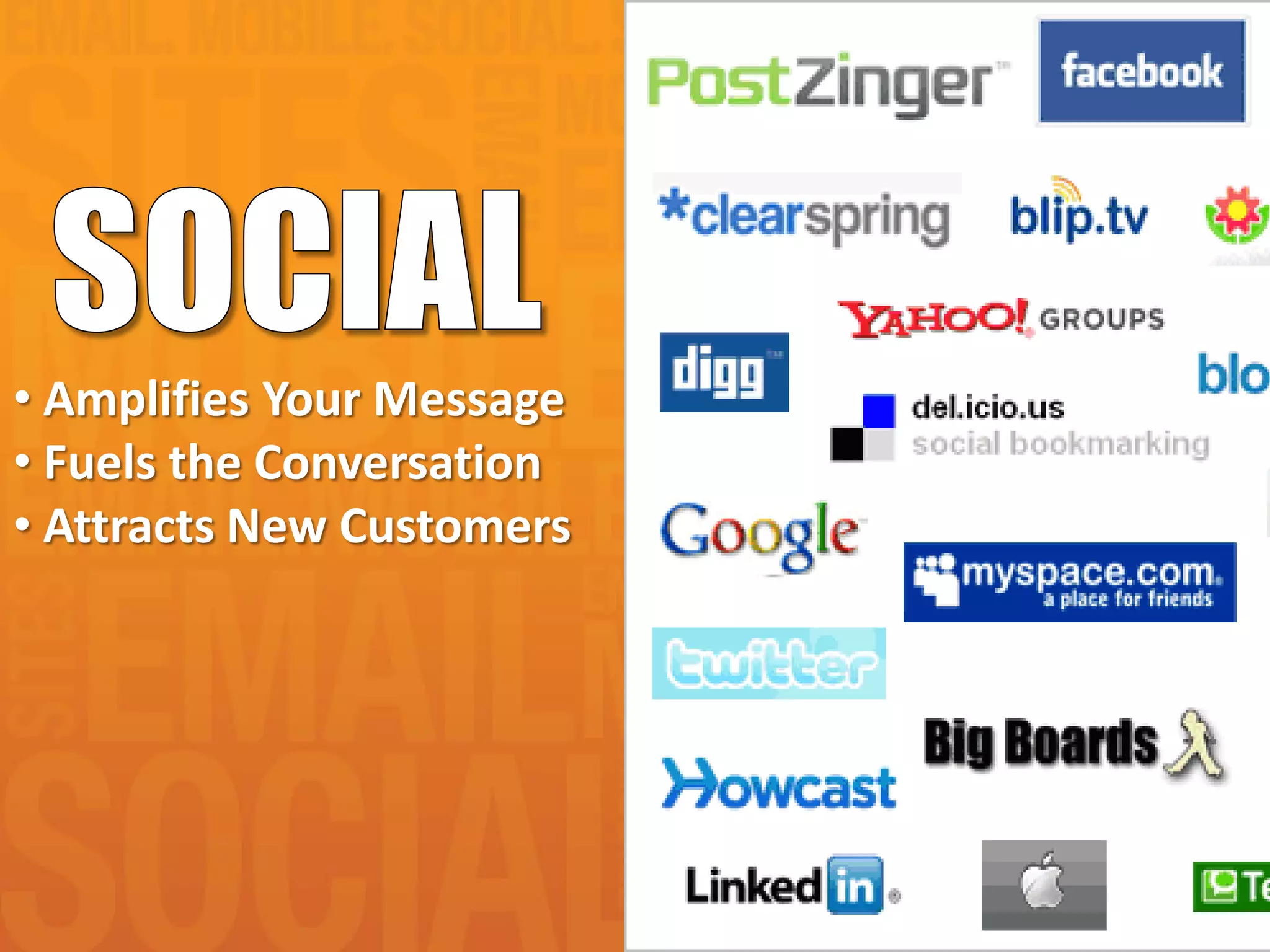 • Amplifies Your Message
• Fuels the Conversation
• Attracts New Customers
 