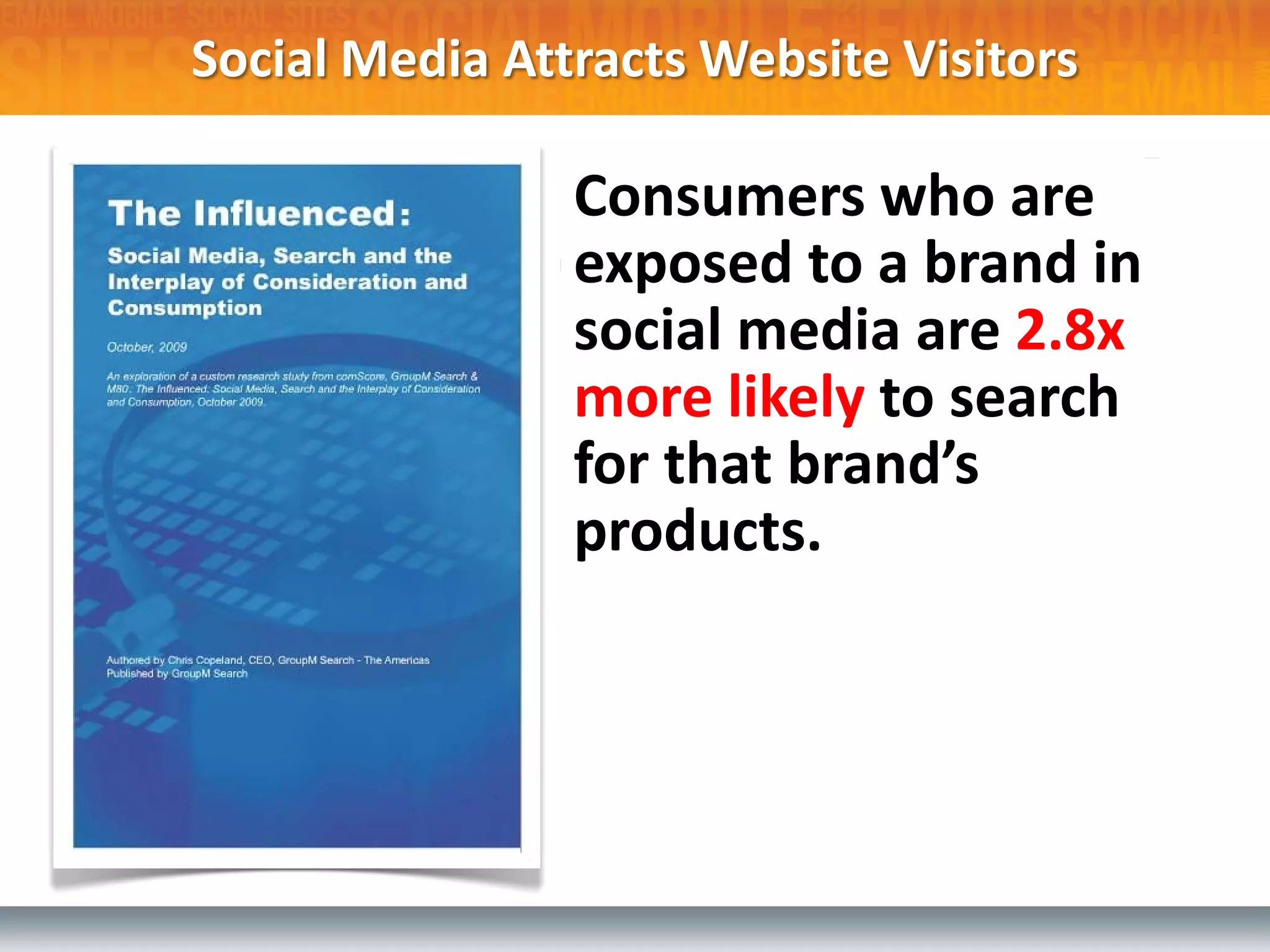 Social Media Attracts Website Visitors

                Consumers who are
                exposed to a brand in
                social media are 2.8x
                more likely to search
                for that brand’s
                products.
 