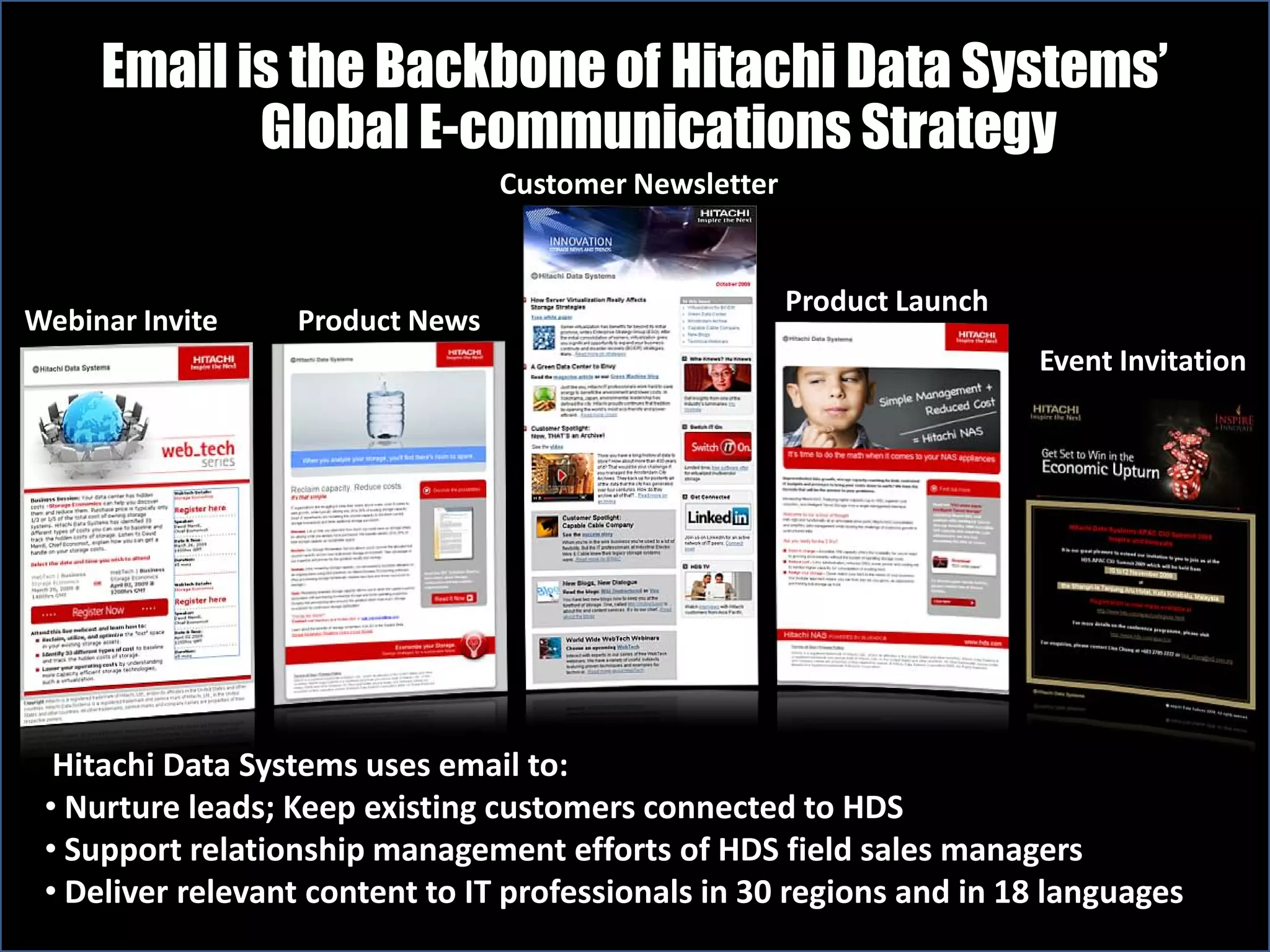Email is the Backbone of Hitachi Data Systems’
            Global E-communications Strategy
                                 Customer Newsletter


                                                       Product Launch
Webinar Invite    Product News
                                                                        Event Invitation




  Hitachi Data Systems uses email to:
 • Nurture leads; Keep existing customers connected to HDS
 • Support relationship management efforts of HDS field sales managers
 • Deliver relevant content to IT professionals in 30 regions and in 18 languages
 