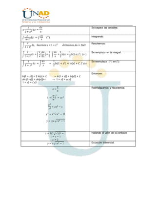 ________________________________________________________________________________
Se separa las variables:
Integrando:
Resolvemos:
Se remplaza en la integral:
Se reemplaza (**) en (*):
ln|1 + 𝑧2| = 2 ln|𝑥| + 𝐶 → ln|1 + 𝑧2| = 𝑙𝑛|𝑥2| + 𝐶
𝑒ln |1+𝑧2| = 𝑒ln|𝑥2|+𝑐 → 1 + 𝑧2 = 𝑒𝑐𝑥2
1 + 𝑧2 = 𝐶𝑥2
Entonces:
𝑧 =
𝑦
𝑥
1 + (
𝑦
𝑥
)
2
= 𝑐𝑥2
𝑦2
𝑥2
= 𝑐𝑥2
− 1
𝑦2
= 𝑥2( 𝑐𝑥2
− 1)
𝑦 = ±𝑥√ 𝑐𝑥2 − 1
Reemplazamos y resolvemos:
1 = (1)√𝑐(1)2 − 1
1 = 𝑐 − 1
𝑐 = 2
Hallando el valor de la contaste
𝑦 = 𝑥√ 𝑐𝑥2 − 1 Ecuación diferencial.
 
