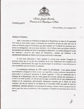 Letter Michel Martelly to CSCCA