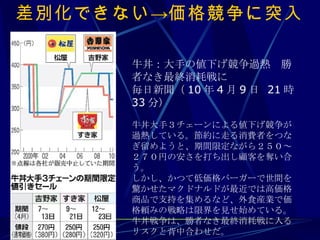 差別化できない->価格競争に突入 牛丼：大手の値下げ競争過熱　勝者なき最終消耗戦に 毎日新聞（ 10 年 4 月 9 日  21 時 33 分） 牛丼大手３チェーンによる値下げ競争が過熱している。節約に走る消費者をつなぎ留めようと、期間限定ながら２５０～２７０円の安さを打ち出し顧客を奪い合う。 しかし、かつて低価格バーガーで世間を驚かせたマクドナルドが最近では高価格商品で支持を集めるなど、外食産業で価格頼みの戦略は限界を見せ始めている。牛丼戦争は、勝者なき最終消耗戦に入るリスクと背中合わせだ。 