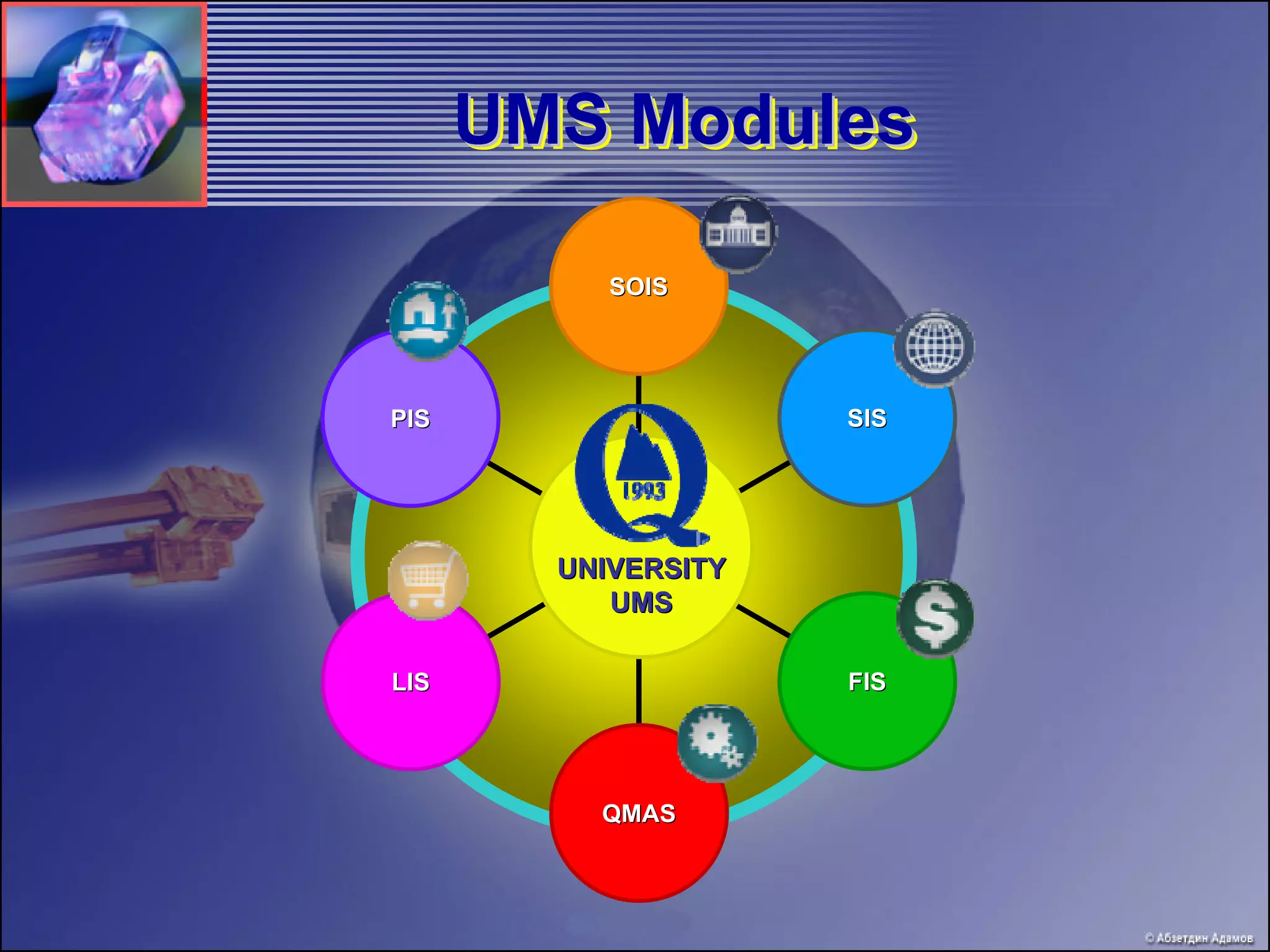 UMS Modules
      UMS

           SOIS




PIS                  SIS




        UNIVERSITY
           UMS

LIS                  FIS




          QMAS
 