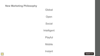 New Marketing Philosophy
                            Global

                             Open

                             Social

                           Intelligent

                            Playful

                            Mobile

                            Instant
                                 26
 
