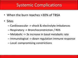 Systemic Complications
• When the burn reaches >30% of TBSA
• Sites
– Cardiovascular -> shock & electrolyte imbalances
– Respiratory -> Bronchoconstriction / RDS
– Metabolic -> 3x increase in basal metabolic rate
– Immunological -> down regulation immune response
– Local: compromising constrictions
 