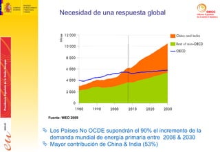 Los Países No OCDE supondrán el 90% el incremento de la demanda mundial de energía primaria entre  2008 & 2030 Mayor contribución de China & India (53%) Necesidad de una respuesta global Fuente: WEO 2009 