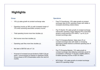 Highlights
Group                                                           Operations

•   10% y/y sales growth at constant exchange rates         •      Free-TV Scandinavia: 15% sales growth at constant
                                                                   exchange rates & 22% operating margin with stable or
                                                                   increased advertising market shares
•   Operating income up 36% y/y with increased margin of
    12% when excluding associated company income
                                                            •      Pay-TV Nordic: 6% sales growth at constant exchange
                                                                   rates &18% operating margin following IPTV subscriber
•   Total operating income more than doubles y/y                   growth & rising premium DTH ARPU – up 5% y/y at
                                                                   constant exchange rates

•   Net income more than doubles y/y
                                                            •      Free-TV Emerging Markets: Sales down 2% at
                                                                   constant exchange rates with stable or increasing
•   Operating cash flow more than doubles y/y                      advertising market shares & combined operating loss of
                                                                   SEK -66 million

•   Net debt to EBITDA ratio of 1.2x
                                                            •      Pay-TV Emerging Markets: 13% sales growth at
                                                                   constant exchange rates following subscriber growth &
•   Proposal of increased annual dividend of SEK 5.50 per          consolidation of Raduga TV Russian satellite platform,
    share + announcement of intention to distribute CDON           & stable operating income of SEK 40 million
    Group shares to MTG Shareholders within the next 6-9
    months
                                                            •      MTG Radio: 14% sales growth at constant exchange
                                                                   rates & 6% operating margin
                                                                                                                            3
 
