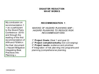 RECOMMENDATION 1
MAKING OF HAZARD PLANNING MAP -
HAZARD PLANNING TO REDUCE RISK
RECOMMENDATIONS
1° Project Goals (Goal 1 and goal 2)
2° Project complementarity (not converging)
3° Project needs: evidence and priorities
4°Integration of risk planning into programs and
planning (comprehensive planning
DISASTER REDUCTION
WHAT WORKS
GS RADJOU
My conclusion on
recommendation 1
+ as a participant
to the Grand Paris
Conference -2010-
and through the
reading of the first
recommendation of
APA and FEMA in
the their document
« Hazard Mitigation
Integrating Best
Practices into
Planning »
 