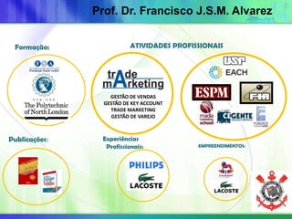Formação:
Experiências
Profissionais:
ATIVIDADES PROFISSIONAIS
Publicações:
EMPREENDIMENTOS:
Prof. Dr. Francisco J.S.M. Alvarez
GESTÃO DE VENDAS
GESTÃO DE KEY ACCOUNT
TRADE MARKETING
GESTÃO DE VAREJO
 