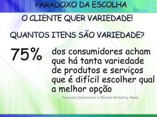 dos consumidores acham
que há tanta variedade
de produtos e serviços
que é difícil escolher qual
a melhor opção
75%
Pesquisa Datamonitor e Revista Marketing Week
 