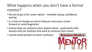 What happens when you don’t have a formal
mentor?
• No one to go to for career advice – mentally taxing, confidence
waning
• In a time of change no one to help you move your career
forward or avoid stagnation
• Cannot draw on someone else’s expert advice - particularly with
women who are mothers that want to continue their career
• Cannot avoid periods of career confusion
 
