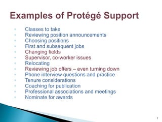 ◦ Classes to take
◦ Reviewing position announcements
◦ Choosing positions
◦ First and subsequent jobs
◦ Changing fields
◦ Supervisor, co-worker issues
◦ Relocating
◦ Reviewing job offers – even turning down
◦ Phone interview questions and practice
◦ Tenure considerations
◦ Coaching for publication
◦ Professional associations and meetings
◦ Nominate for awards
7