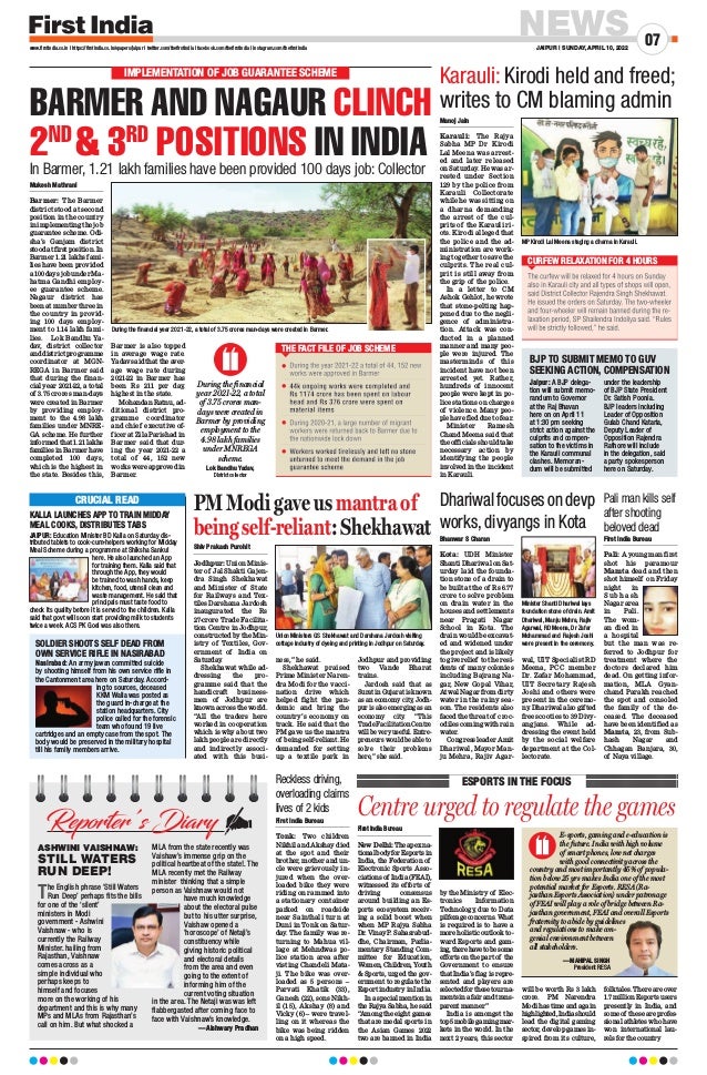 NEWS
JAIPUR | SUNDAY, APRIL 10, 2022
07
www.firstindia.co.in I https://firstindia.co.in/epapers/jaipur I twitter.com/thefirstindia I facebook.com/thefirstindia I instagram.com/thefirstindia
BARMER AND NAGAUR CLINCH
2ND
 3RD
POSITIONS IN INDIA
In Barmer, 1.21 lakh families have been provided 100 days job: Collector
Mukesh Mathrani
Barmer: The Barmer
district stood at second
position in the country
in implementing the job
guarantee scheme. Odi-
sha’s Ganjam district
stood at first position. In
Barmer 1.21 lakhs fami-
lies have been provided
a 100 days job under Ma-
hatma Gandhi employ-
ee guarantee scheme.
Nagaur district has
been at number three in
the country in provid-
ing 100 days employ-
ment to 1.14 lakh fami-
lies. Lok Bandhu Ya-
dav, district collector
and district programme
coordinator at MGN-
REGA in Barmer said
that during the finan-
cial year 2021-22, a total
of 3.75 crores man-days
were created in Barmer
by providing employ-
ment to the 4.98 lakh
families under MNRE-
GA scheme. He further
informed that 1.21 lakhs
families in Barmer have
completed 100 days,
which is the highest in
the state. Besides this,
Barmer is also topped
in average wage rate.
Yadav said that the aver-
age wage rate during
2021-22 in Barmer has
been Rs 211 per day,
highest in the state.
Mohandan Ratnu, ad-
ditional district pro-
gramme coordinator
and chief executive of-
ficer at Zila Parishad in
Barmer said that dur-
ing the year 2021-22 a
total of 44, 152 new
works were approved in
Barmer.
IMPLEMENTATION OF JOB GUARANTEE SCHEME
z
z
z
z
z
z
z
z
THE FACT FILE OF JOB SCHEME
During the financial
year 2021-22, a total
of 3.75 crores man-
days were created in
Barmer by providing
employment to the
4.98 lakh families
under MNREGA
scheme.
Lok Bandhu Yadav,
District collector
Karauli: Kirodi held and freed;
writes to CM blaming admin
Manoj Jain 
Karauli: The Rajya
Sabha MP Dr Kirodi
Lal Meena was arrest-
ed and later released
on Saturday. He was ar-
rested under Section
129 by the police from
Karauli Collectorate
while he was sitting on
a dharna demanding
the arrest of the cul-
prits of the Karauli ri-
ots. Kirodi alleged that
the police and the ad-
ministration are work-
ing together to save the
culprits. The real cul-
prit is still away from
the grip of the police.
In a letter to CM
Ashok Gehlot, he wrote
that stone-pelting hap-
pened due to the negli-
gence of administra-
tion. Attack was con-
ducted in a planned
manner and many peo-
ple were injured. The
masterminds of this
incident have not been
arrested yet. Rather,
hundreds of innocent
people were kept in po-
lice stations on charges
of violence. Many peo-
ple have fled due to fear.
Minister Ramesh
Chand Meena said that
the officials should take
necessary action by
identifying the people
involved in the incident
in Karauli.
MP Kirodi Lal Meena staging a dharna in Karauli.
BJP TO SUBMIT MEMO TO GUV
SEEKING ACTION, COMPENSATION
Jaipur: A BJP delega-
tion will submit memo-
randum to Governor
at the Raj Bhavan
here on on April 11
at 1:30 pm seeking
strict action against the
culprits and compen-
sation to the victims in
the Karauli communal
clashes. Memoran-
dum will be submitted
under the leadership
of BJP State President
Dr. Satish Poonia.
BJP leaders including
Leader of Opposition
Gulab Chand Kataria,
Deputy Leader of
Opposition Rajendra
Rathore will include
in the delegation, said
a party spokesperson
here on Saturday.
CURFEW RELAXATION FOR 4 HOURS
Dhariwal focuses on devp
works, divyangs in Kota
Bhanwar S Charan
Kota: UDH Minister
Shanti Dhariwal on Sat-
urday laid the founda-
tion stone of a drain to
be built at the of Rs 6.77
crore to solve problem
on drain water in the
houses and settlements
near Pragati Nagar
School in Kota. The
drain would be excavat-
ed and widened under
the project and is likely
to give relief to the resi-
dents of many colonies
including Bajrang Na-
gar, New Gopal Vihar,
Atwal Nagar from dirty
water in the rainy sea-
son. The residents also
faced the threat of croc-
odiles coming with rain
water.
Congress leader Amit
Dhariwal, Mayor Man-
ju Mehra, Rajiv Agar-
wal, UIT Specialist RD
Meena, PCC member
Dr. Zafar Mohammad,
UIT Secretary Rajesh
Joshi and others were
present in the ceremo-
ny
. Dhariwal also gifted
free scooties to 39 Divy-
angjans. While ad-
dressing the event held
by the social welfare
department at the Col-
lectorate.
Nasirabad: An army jawan committed suicide
by shooting himself from his own service rifle in
the Cantonment area here on Saturday. Accord-
ing to sources, deceased
KKM Walia was posted as
the guard in-charge at the
station headquarters. City
police called for the forensic
team who found 19 live
cartridges and an empty case from the spot. The
body would be preserved in the military hospital
till his family members arrive.
SOLDIER SHOOTS SELF DEAD FROM
OWN SERVICE RIFLE IN NASIRABAD
CRUCIAL READ
During the financial year 2021-22, a total of 3.75 crores man-days were created in Barmer.
PM Modi gave us mantra of
beingself-reliant:Shekhawat
Shiv Prakash Purohit 
Jodhpur: Union Minis-
ter of Jal Shakti Gajen-
dra Singh Shekhawat
and Minister of State
for Railways and Tex-
tiles Darshana Jardosh
inaugurated the Rs
27-crore Trade Facilita-
tion Centre in Jodhpur,
constructed by the Min-
istry of Textiles, Gov-
ernment of India on
Saturday
.
Shekhawat while ad-
dressing the pro-
gramme said that the
handicraft business-
men of Jodhpur are
knownacrosstheworld.
“All the traders here
worked in cooperation
which is why about two
lakh people are directly
and indirectly associ-
ated with this busi-
ness,” he said.
Shekhawat praised
Prime Minister Naren-
dra Modi for the vacci-
nation drive which
helped fight the pan-
demic and bring the
country’s economy on
track. He said that the
PM gave us the mantra
of being self-reliant. He
demanded for setting
up a textile park in
Jodhpur and providing
two Vande Bharat
trains.
Jardosh said that as
SuratinGujaratisknown
as an economy city, Jodh-
pur is also emerging as an
economy city. “This
Trade Facilitation Centre
will be very useful. Entre-
preneurs would be able to
solve their problems
here,” she said.
Union Ministers GS Shekhawat and Darshana Jardosh visiting
cottage industry of dyeing and printing in Jodhpur on Saturday.
Minister Shanti Dhariwal lays
foundation stone of drain. Amit
Dhariwal, Manju Mehra, Rajiv
Agarwal, RD Meena, Dr Zafar
Mohammad and Rajesh Joshi
were present in the ceremony.
Pali man kills self
after shooting
beloved dead
First India Bureau
Pali: A young man first
shot his paramour
Mamta dead and then
shot himself on Friday
night in
S u b h a s h
Nagar area
in Pali.
The wom-
an died in
a hospital
but the man was re-
ferred to Jodhpur for
treatment where the
doctors declared him
dead. On getting infor-
mation, MLA Gyan-
chand Parakh reached
the spot and consoled
the family of the de-
ceased. The deceased
have been identified as
Mamta, 23, from Sub-
hash Nagar and
Chhagan Banjara, 30,
of Naya village.
JAIPUR: Education Minister BD Kalla on Saturday dis-
tributed tablets to cook-cum-helpers working for Midday
Meal Scheme during a programme at Shiksha Sankul
here. He also launched an App
for training them. Kalla said that
through the App, they would
be trained to wash hands, keep
kitchen, food, utensil clean and
waste management. He said that
principals must taste food to
check its quality before it is served to the children. Kalla
said that govt will soon start providing milk to students
twice a week. ACS PK Goel was also there.
KALLA LAUNCHES APP TO TRAIN MIDDAY
MEAL COOKS, DISTRIBUTES TABS
First India Bureau
New Delhi:Theapexna-
tionalbodyforEsportsin
India, the Federation of
Electronic Sports Asso-
ciations of India (FEAI),
witnessed its efforts of
driving consensus
around building an Es-
ports ecosystem receiv-
ing a solid boost when
when MP Rajya Sabha
Dr. Vinay P
. Sahasrabud-
dhe, Chairman, Parlia-
mentary Standing Com-
mittee for Education,
Women, Children, Youth
 Sports, urged the gov-
ernment to regulate the
Esport industry in India.
Inaspecialmentionin
the Rajya Sabha, he said
“
Among the eight games
that are medal sports in
the Asian Games 2022
two are banned in India
by the Ministry of Elec-
tronics Information
Technology
, due to Data
pilferageconcerns.What
is required is to have a
more holistic outlook to-
ward Esports and gam-
ing,therehavetobesome
efforts on the part of the
Government to ensure
that India’s flag is repre-
sented and players are
selectedforthesetourna-
mentsinafairandtrans-
parent manner.”
India is amongst the
top5mobilegamingmar-
kets in the world. In the
next 2 years, this sector
will be worth Rs 3 lakh
crore. PM Narendra
Modi has time and again
highlighted,Indiashould
lead the digital gaming
sector, develop games in-
spired from its culture,
folk tales. There are over
1.7 million Esports users
presently in India, and
some of these are profes-
sional athletes who have
won international lau-
rels for the country
ASHWINI VAISHNAW:
STILL WATERS
RUN DEEP!
The English phrase ‘Still Waters
Run Deep’ perhaps fits the bills
for one of the ‘silent’
ministers in Modi
government - Ashwini
Vaishnaw - who is
currently the Railway
Minister. hailing from
Rajasthan, Vaishnaw
comes across as a
simple individual who
perhaps keeps to
himself and focuses
more on the working of his
department and this is why many
MPs and MLAs from Rajasthan’s
call on him. But what shocked a
MLA from the state recently was
Vaishaw’s immense grip on the
political heartbeat of the state!. The
MLA recently met the Railway
minister  thinking that a simple
person as Vaishnaw would not
have much knowledge
about the electoral pulse
but to his utter surprise,
Vaishaw opened a
‘horoscope’ of Netaji’s
constituency while
giving historic political
and electoral details
from the area and even
going to the extent of
informing him of the
current voting situation
in the area. The Netaji was was left
flabbergasted after coming face to
face with Vaishnaw’s knowledge. 
 —Aishwary Pradhan
Centre urged to regulate the games
ESPORTS IN THE FOCUS
E-sports, gaming and e-education is
the future. India with high volume
of smart phones, low net charges
with good connectivity across the
country and most importantly 45% of popula-
tion below 25 yrs makes India one of the most
potential market for Esports. RESA (Ra-
jasthan Esports Association) under patronage
of FEAI will play a role of bridge between Ra-
jasthan government, FEAI and overall Esports
fraternity to abide by guidelines
and regulations to make con-
genial environment between
all stakeholders.

 —MAHIPAL SINGH
 President RESA
Reckless driving,
overloading claims
lives of 2 kids
First India Bureau
Tonk: Two children
Nikhil and Akshay died
at the spot and their
brother, mother and un-
cle were grievously in-
jured when the over-
loaded bike they were
riding on rammed into
a stationary container
parked on roadside
near Sainthali turn at
Duni in Tonk on Satur-
day. The family was re-
turning to Mahua vil-
lage at Mehndwas po-
lice station area after
visting Chandeli Mata-
ji. The bike was over-
loaded as 5 persons –
Parvati Khatik (33),
Ganesh (22), sons Nikh-
il (15), Akshay (8) and
Vicky (6) – were travel-
ling on it whereas the
bike was being ridden
on a high speed.
 