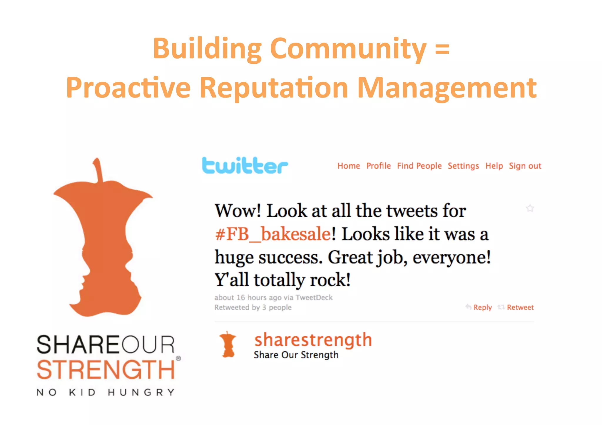 Building Community = 
Proac&ve Reputa&on Management 
 