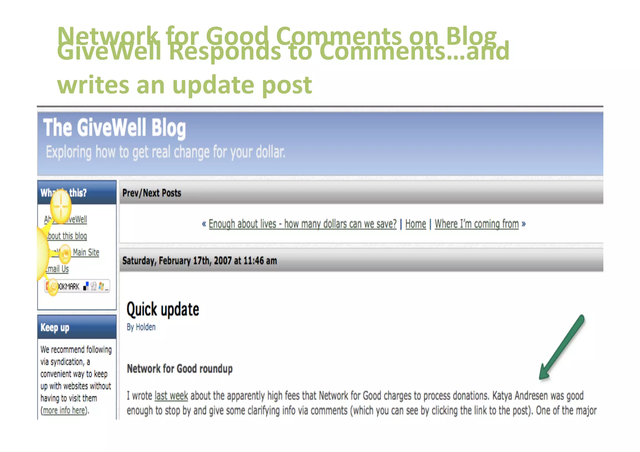 Network for Good Comments on Blog 
GiveWell Responds to Comments…and 
writes an update post 
 