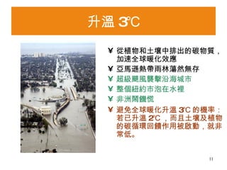 升溫 3℃ 從植物和土壤中排出的碳物質，加速全球暖化效應 亞馬遜熱帶雨林蕩然無存 超級颶風襲擊沿海城市 整個紐約市泡在水裡 非洲鬧饑慌 避免全球暖化升溫 3℃ 的機率：若已升溫 2℃ ，而且土壤及植物的碳循環回饋作用被啟動，就非常低。    