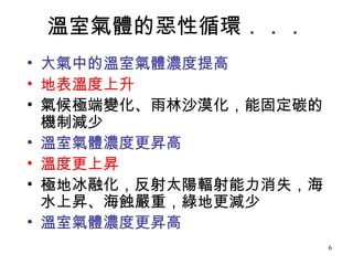 溫室氣體的惡性循環．．． 大氣中的溫室氣體濃度提高 地表溫度上升 氣候極端變化、雨林沙漠化，能固定碳的機制減少 溫室氣體濃度更昇高 溫度更上昇 極地冰融化，反射太陽輻射能力消失，海水上昇、海蝕嚴重，綠地更減少 溫室氣體濃度更昇高 