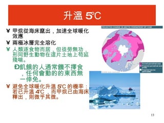 升溫 5℃ 甲烷從海床竄出，加速全球暖化效應 兩極冰層完全溶化 人類逐食物而居，但徒勞無功，形同野生動物在這片土地上苟延殘喘。 飢餓的人通常饑不擇食，任何會動的的東西無一倖免。 避免全球暖化升溫 5℃ 的機率：若已升溫 4℃ ，而甲烷已由海床釋出，則微乎其微。     
