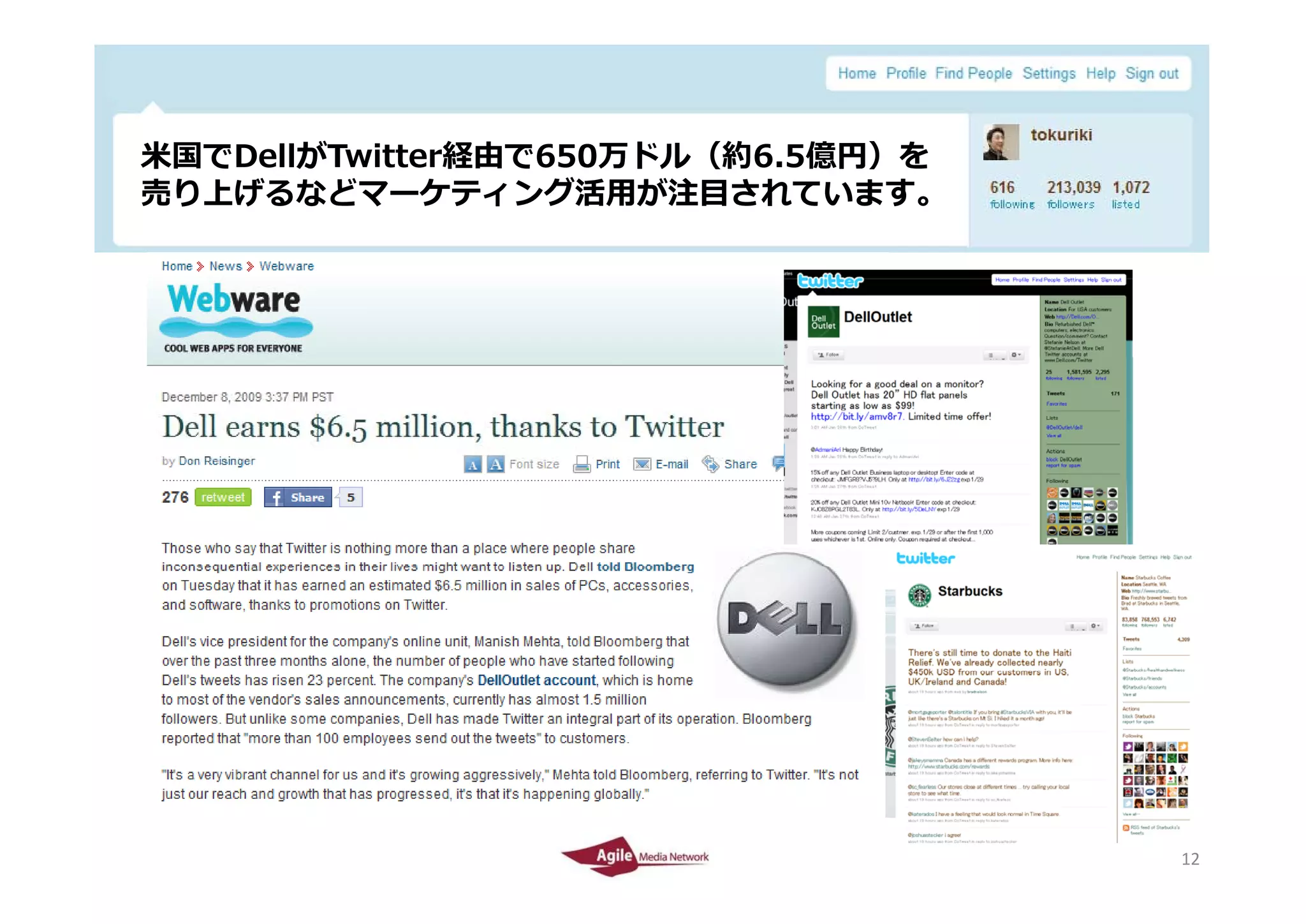 ⽶国でDellがTwitter経由で650万ドル（約6.5億円）を
 ⽶国でD llがT itt 経由で650万ドル（約6 5億円）を
 売り上げるなどマーケティング活⽤が注⽬されています。




2010/4/26                            12
                                     12
 