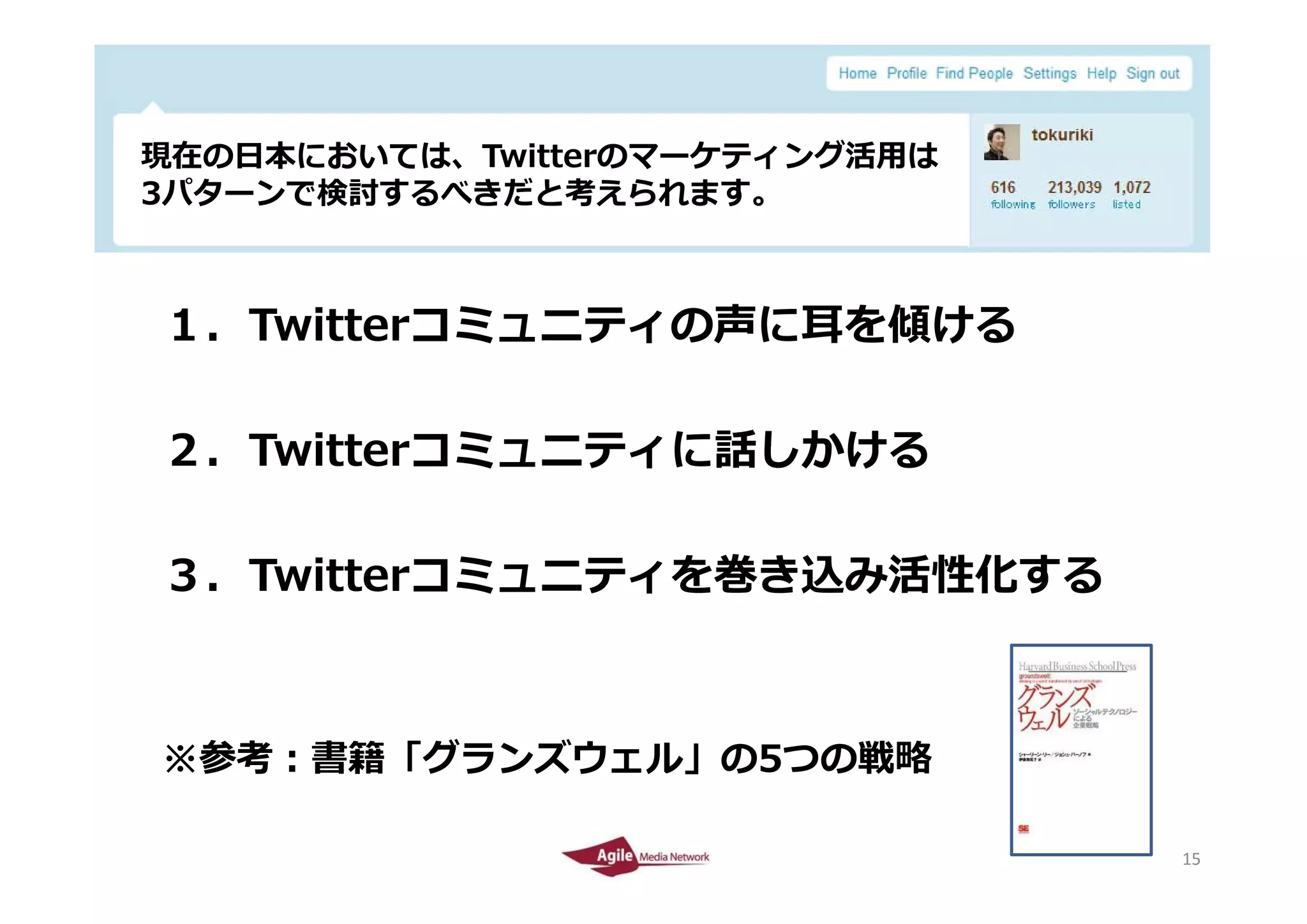 現在の⽇本においては、Twitterのマーケティング活⽤は
 現在の⽇本においては T itt のマ ケティング活⽤は
 3パターンで検討するべきだと考えられます。



    １．Twitterコミュニティの声に⽿を傾ける

    ２．Twitterコミュニティに話しかける

    ３．Twitterコミュニティを巻き込み活性化する
    ３ Twitterコミュニティを巻き込み活性化する



    ※参考：書籍「グランズウェル」の5つの戦略
2010/4/26                        15
                                 15
 