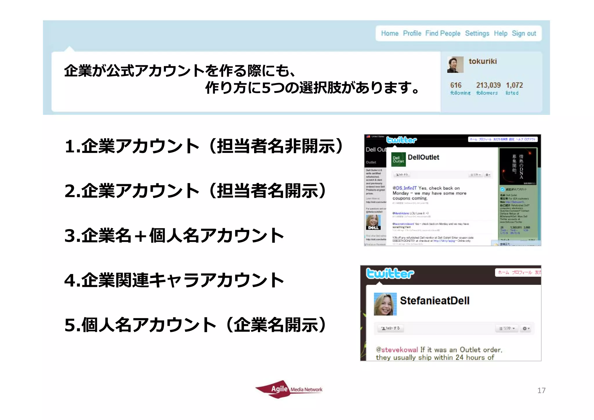 企業が公式アカウントを作る際にも、
 企業が公式アカウントを作る際にも
           作り⽅に5つの選択肢があります。



 1.企業アカウント（担当者名⾮開⽰）

 2.企業アカウント（担当者名開⽰）

 3.企業名＋個⼈名アカウント

 4.企業関連キャラアカウント

 5.個⼈名アカウント（企業名開⽰）

2010/4/26                     17
                              17
 