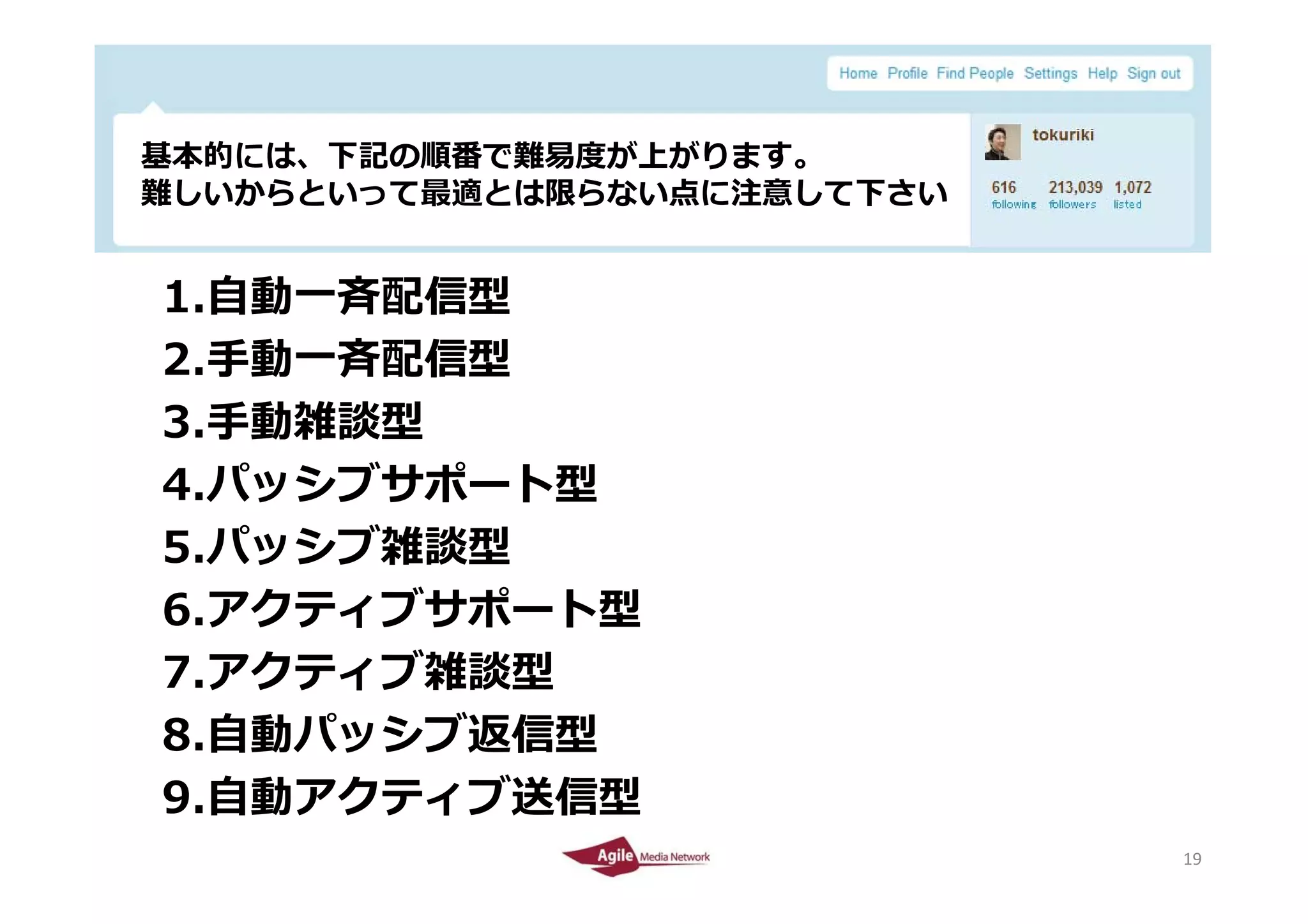 基本的には、下記の順番で難易度が上がります。
 基本的には 下記の順番で難易度が上がります
 難しいからといって最適とは限らない点に注意して下さい


    1.⾃動⼀⻫配信型
    2.⼿動⼀⻫配信型
    2 ⼿動⼀⻫配信型
    3.⼿動雑談型
    4.パッシブサポート型
         ブ
    5.パッシブ雑談型
    6.アクティブサポート型
    7.アクティブ雑談型
    7 アクティブ雑談型
    8.⾃動パッシブ返信型
    9.⾃動アクティブ送信型
      ⾃     ブ
2010/4/26                     19
                              19
 