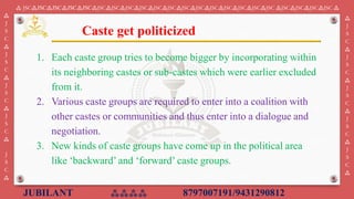 JUBILANT ⁂⁂⁂⁂ 8797007191/9431290812
⁂ JSC⁂JSC⁂JSC⁂JSC⁂JSC⁂JSC⁂JSC⁂JSC⁂JSC⁂JSC⁂JSC⁂JSC⁂JSC⁂JSC⁂JSC⁂JSC⁂JSC⁂JSC ⁂JSC⁂JSC⁂JSC⁂JSC ⁂
⁂
J
S
C
⁂
J
S
C
⁂
J
S
C
⁂
J
S
C
⁂
J
S
C
⁂
⁂
J
S
C
⁂
J
S
C
⁂
J
S
C
⁂
J
S
C
⁂
J
S
C
⁂
1. Each caste group tries to become bigger by incorporating within
its neighboring castes or sub-castes which were earlier excluded
from it.
2. Various caste groups are required to enter into a coalition with
other castes or communities and thus enter into a dialogue and
negotiation.
3. New kinds of caste groups have come up in the political area
like ‘backward’ and ‘forward’ caste groups.
Caste get politicized
 