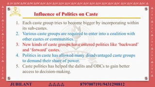 JUBILANT ⁂⁂⁂⁂ 8797007191/9431290812
⁂ JSC⁂JSC⁂JSC⁂JSC⁂JSC⁂JSC⁂JSC⁂JSC⁂JSC⁂JSC⁂JSC⁂JSC⁂JSC⁂JSC⁂JSC⁂JSC⁂JSC⁂JSC ⁂JSC⁂JSC⁂JSC⁂JSC ⁂
⁂
J
S
C
⁂
J
S
C
⁂
J
S
C
⁂
J
S
C
⁂
J
S
C
⁂
⁂
J
S
C
⁂
J
S
C
⁂
J
S
C
⁂
J
S
C
⁂
J
S
C
⁂
1. ​Each caste group tries to become bigger by incorporating within
its sub-castes.
2. Various caste groups are required to enter into a coalition with
other castes or communities.
3. New kinds of caste groups have entered politics like ‘backward’
and ‘forward’ castes.
4. Politics in caste has allowed many disadvantaged caste groups
to demand their share of power.
5. Caste politics has helped the dalits and OBCs to gain better
access to decision-making.
Influence of Politics on Caste
 