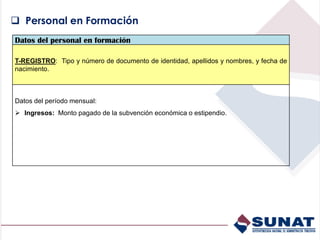 Datos del personal en formación
T-REGISTRO: Tipo y número de documento de identidad, apellidos y nombres, y fecha de
nacimiento.
Datos del período mensual:
 Ingresos: Monto pagado de la subvención económica o estipendio.
 Personal en Formación
 