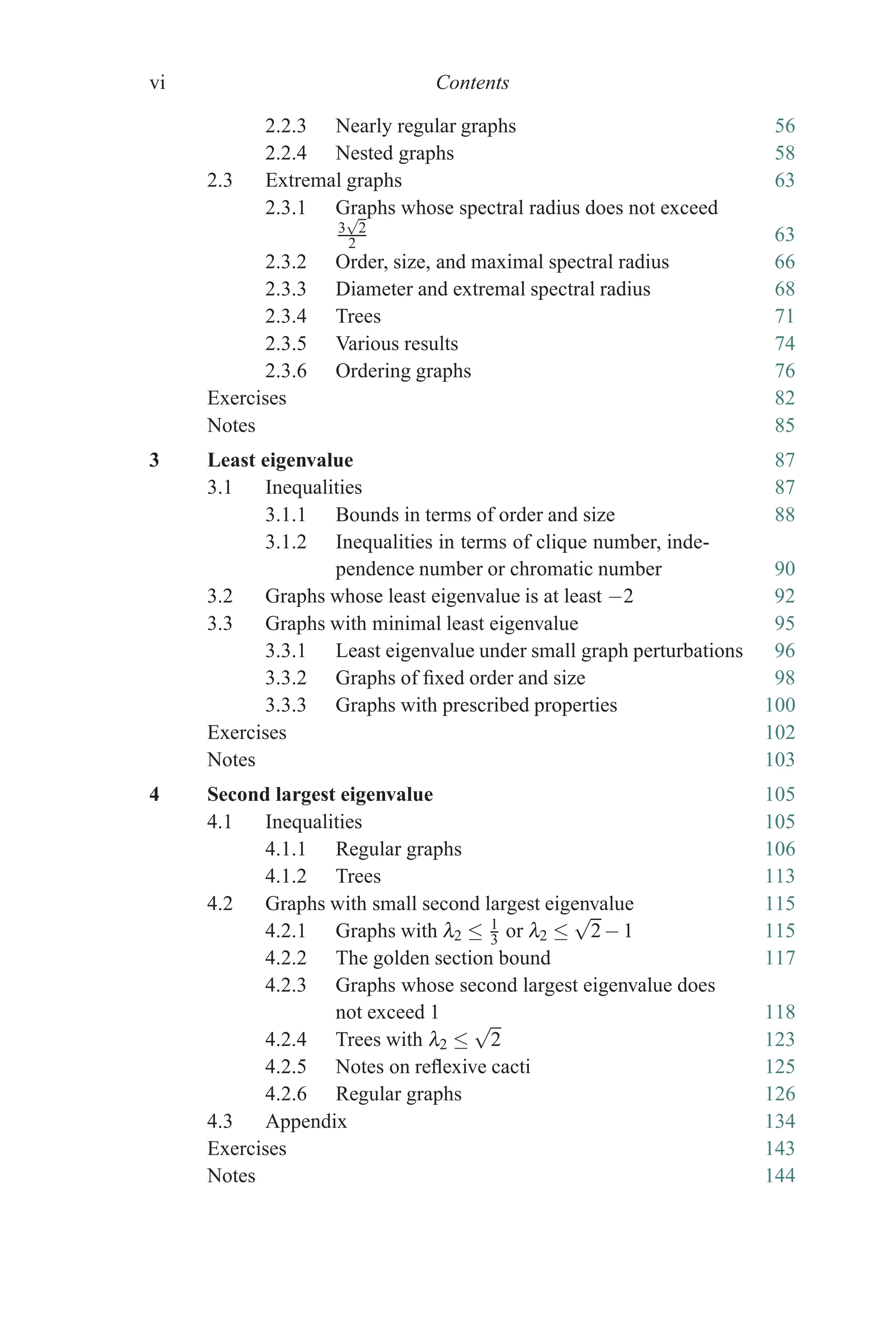 vi Contents
2.2.3 Nearly regular graphs 56
2.2.4 Nested graphs 58
2.3 Extremal graphs 63
2.3.1 Graphs whose spectral radius does not exceed
3
√
2
2 63
2.3.2 Order, size, and maximal spectral radius 66
2.3.3 Diameter and extremal spectral radius 68
2.3.4 Trees 71
2.3.5 Various results 74
2.3.6 Ordering graphs 76
Exercises 82
Notes 85
3 Least eigenvalue 87
3.1 Inequalities 87
3.1.1 Bounds in terms of order and size 88
3.1.2 Inequalities in terms of clique number, inde-
pendence number or chromatic number 90
3.2 Graphs whose least eigenvalue is at least −2 92
3.3 Graphs with minimal least eigenvalue 95
3.3.1 Least eigenvalue under small graph perturbations 96
3.3.2 Graphs of fixed order and size 98
3.3.3 Graphs with prescribed properties 100
Exercises 102
Notes 103
4 Second largest eigenvalue 105
4.1 Inequalities 105
4.1.1 Regular graphs 106
4.1.2 Trees 113
4.2 Graphs with small second largest eigenvalue 115
4.2.1 Graphs with λ2 ≤ 1
3 or λ2 ≤
√
2−1 115
4.2.2 The golden section bound 117
4.2.3 Graphs whose second largest eigenvalue does
not exceed 1 118
4.2.4 Trees with λ2 ≤
√
2 123
4.2.5 Notes on reflexive cacti 125
4.2.6 Regular graphs 126
4.3 Appendix 134
Exercises 143
Notes 144
 