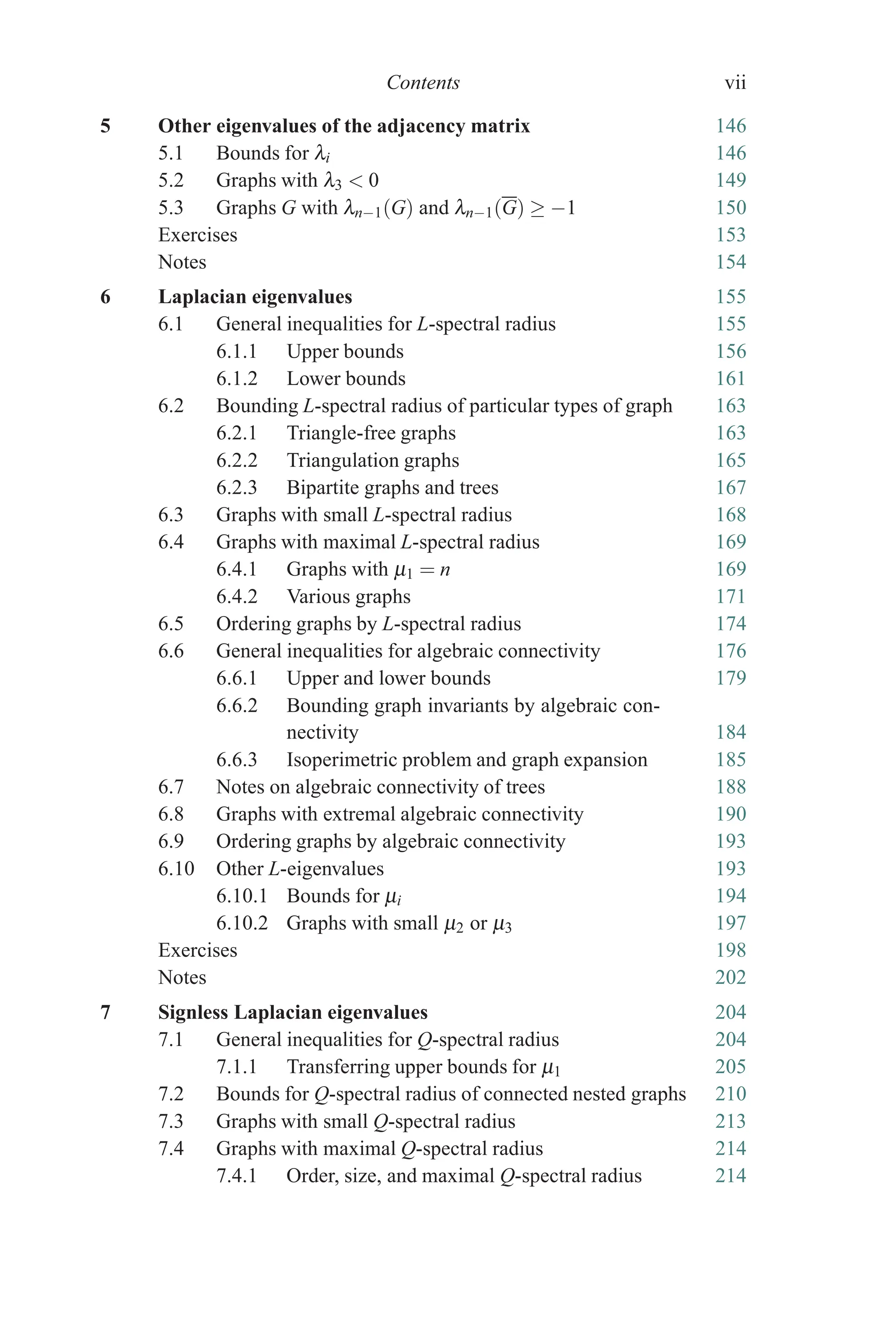 Contents vii
5 Other eigenvalues of the adjacency matrix 146
5.1 Bounds for λi 146
5.2 Graphs with λ3  0 149
5.3 Graphs G with λn−1(G) and λn−1(G) ≥ −1 150
Exercises 153
Notes 154
6 Laplacian eigenvalues 155
6.1 General inequalities for L-spectral radius 155
6.1.1 Upper bounds 156
6.1.2 Lower bounds 161
6.2 Bounding L-spectral radius of particular types of graph 163
6.2.1 Triangle-free graphs 163
6.2.2 Triangulation graphs 165
6.2.3 Bipartite graphs and trees 167
6.3 Graphs with small L-spectral radius 168
6.4 Graphs with maximal L-spectral radius 169
6.4.1 Graphs with μ1 = n 169
6.4.2 Various graphs 171
6.5 Ordering graphs by L-spectral radius 174
6.6 General inequalities for algebraic connectivity 176
6.6.1 Upper and lower bounds 179
6.6.2 Bounding graph invariants by algebraic con-
nectivity 184
6.6.3 Isoperimetric problem and graph expansion 185
6.7 Notes on algebraic connectivity of trees 188
6.8 Graphs with extremal algebraic connectivity 190
6.9 Ordering graphs by algebraic connectivity 193
6.10 Other L-eigenvalues 193
6.10.1 Bounds for μi 194
6.10.2 Graphs with small μ2 or μ3 197
Exercises 198
Notes 202
7 Signless Laplacian eigenvalues 204
7.1 General inequalities for Q-spectral radius 204
7.1.1 Transferring upper bounds for μ1 205
7.2 Bounds for Q-spectral radius of connected nested graphs 210
7.3 Graphs with small Q-spectral radius 213
7.4 Graphs with maximal Q-spectral radius 214
7.4.1 Order, size, and maximal Q-spectral radius 214
 