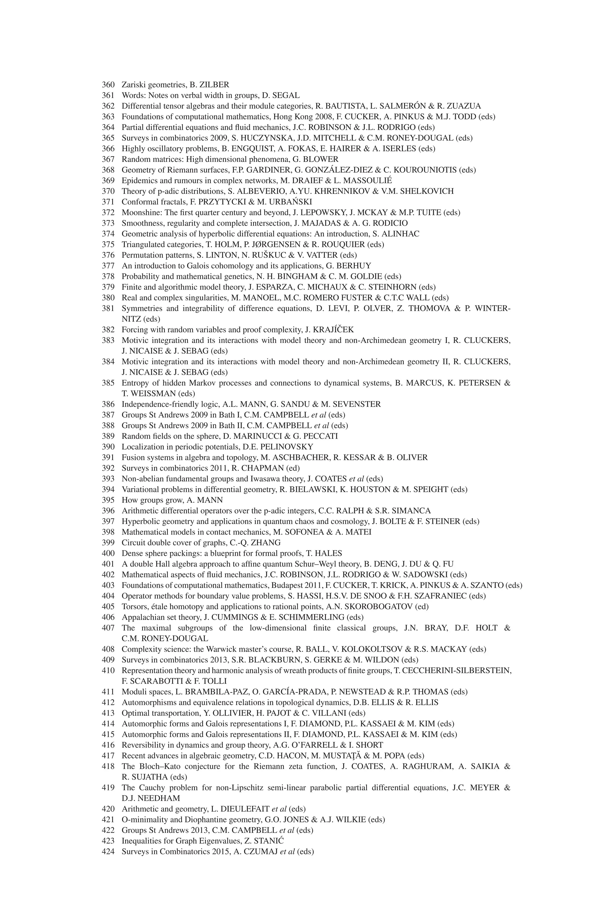 360 Zariski geometries, B. ZILBER
361 Words: Notes on verbal width in groups, D. SEGAL
362 Differential tensor algebras and their module categories, R. BAUTISTA, L. SALMERÓN & R. ZUAZUA
363 Foundations of computational mathematics, Hong Kong 2008, F. CUCKER, A. PINKUS & M.J. TODD (eds)
364 Partial differential equations and fluid mechanics, J.C. ROBINSON & J.L. RODRIGO (eds)
365 Surveys in combinatorics 2009, S. HUCZYNSKA, J.D. MITCHELL & C.M. RONEY-DOUGAL (eds)
366 Highly oscillatory problems, B. ENGQUIST, A. FOKAS, E. HAIRER & A. ISERLES (eds)
367 Random matrices: High dimensional phenomena, G. BLOWER
368 Geometry of Riemann surfaces, F.P. GARDINER, G. GONZÁLEZ-DIEZ & C. KOUROUNIOTIS (eds)
369 Epidemics and rumours in complex networks, M. DRAIEF & L. MASSOULIÉ
370 Theory of p-adic distributions, S. ALBEVERIO, A.YU. KHRENNIKOV & V.M. SHELKOVICH
371 Conformal fractals, F. PRZYTYCKI & M. URBAŃSKI
372 Moonshine: The first quarter century and beyond, J. LEPOWSKY, J. MCKAY & M.P. TUITE (eds)
373 Smoothness, regularity and complete intersection, J. MAJADAS & A. G. RODICIO
374 Geometric analysis of hyperbolic differential equations: An introduction, S. ALINHAC
375 Triangulated categories, T. HOLM, P. JØRGENSEN & R. ROUQUIER (eds)
376 Permutation patterns, S. LINTON, N. RUŠKUC & V. VATTER (eds)
377 An introduction to Galois cohomology and its applications, G. BERHUY
378 Probability and mathematical genetics, N. H. BINGHAM & C. M. GOLDIE (eds)
379 Finite and algorithmic model theory, J. ESPARZA, C. MICHAUX & C. STEINHORN (eds)
380 Real and complex singularities, M. MANOEL, M.C. ROMERO FUSTER & C.T.C WALL (eds)
381 Symmetries and integrability of difference equations, D. LEVI, P. OLVER, Z. THOMOVA & P. WINTER-
NITZ (eds)
382 Forcing with random variables and proof complexity, J. KRAJÍČEK
383 Motivic integration and its interactions with model theory and non-Archimedean geometry I, R. CLUCKERS,
J. NICAISE & J. SEBAG (eds)
384 Motivic integration and its interactions with model theory and non-Archimedean geometry II, R. CLUCKERS,
J. NICAISE & J. SEBAG (eds)
385 Entropy of hidden Markov processes and connections to dynamical systems, B. MARCUS, K. PETERSEN &
T. WEISSMAN (eds)
386 Independence-friendly logic, A.L. MANN, G. SANDU & M. SEVENSTER
387 Groups St Andrews 2009 in Bath I, C.M. CAMPBELL et al (eds)
388 Groups St Andrews 2009 in Bath II, C.M. CAMPBELL et al (eds)
389 Random fields on the sphere, D. MARINUCCI & G. PECCATI
390 Localization in periodic potentials, D.E. PELINOVSKY
391 Fusion systems in algebra and topology, M. ASCHBACHER, R. KESSAR & B. OLIVER
392 Surveys in combinatorics 2011, R. CHAPMAN (ed)
393 Non-abelian fundamental groups and Iwasawa theory, J. COATES et al (eds)
394 Variational problems in differential geometry, R. BIELAWSKI, K. HOUSTON & M. SPEIGHT (eds)
395 How groups grow, A. MANN
396 Arithmetic differential operators over the p-adic integers, C.C. RALPH & S.R. SIMANCA
397 Hyperbolic geometry and applications in quantum chaos and cosmology, J. BOLTE & F. STEINER (eds)
398 Mathematical models in contact mechanics, M. SOFONEA & A. MATEI
399 Circuit double cover of graphs, C.-Q. ZHANG
400 Dense sphere packings: a blueprint for formal proofs, T. HALES
401 A double Hall algebra approach to affine quantum Schur–Weyl theory, B. DENG, J. DU & Q. FU
402 Mathematical aspects of fluid mechanics, J.C. ROBINSON, J.L. RODRIGO & W. SADOWSKI (eds)
403 Foundations of computational mathematics, Budapest 2011, F. CUCKER, T. KRICK, A. PINKUS & A. SZANTO (eds)
404 Operator methods for boundary value problems, S. HASSI, H.S.V. DE SNOO & F.H. SZAFRANIEC (eds)
405 Torsors, étale homotopy and applications to rational points, A.N. SKOROBOGATOV (ed)
406 Appalachian set theory, J. CUMMINGS & E. SCHIMMERLING (eds)
407 The maximal subgroups of the low-dimensional finite classical groups, J.N. BRAY, D.F. HOLT &
C.M. RONEY-DOUGAL
408 Complexity science: the Warwick master’s course, R. BALL, V. KOLOKOLTSOV & R.S. MACKAY (eds)
409 Surveys in combinatorics 2013, S.R. BLACKBURN, S. GERKE & M. WILDON (eds)
410 Representation theory and harmonic analysis of wreath products of finite groups, T. CECCHERINI-SILBERSTEIN,
F. SCARABOTTI & F. TOLLI
411 Moduli spaces, L. BRAMBILA-PAZ, O. GARCÍA-PRADA, P. NEWSTEAD & R.P. THOMAS (eds)
412 Automorphisms and equivalence relations in topological dynamics, D.B. ELLIS & R. ELLIS
413 Optimal transportation, Y. OLLIVIER, H. PAJOT & C. VILLANI (eds)
414 Automorphic forms and Galois representations I, F. DIAMOND, P.L. KASSAEI & M. KIM (eds)
415 Automorphic forms and Galois representations II, F. DIAMOND, P.L. KASSAEI & M. KIM (eds)
416 Reversibility in dynamics and group theory, A.G. O’FARRELL & I. SHORT
417 Recent advances in algebraic geometry, C.D. HACON, M. MUSTAŢĂ & M. POPA (eds)
418 The Bloch–Kato conjecture for the Riemann zeta function, J. COATES, A. RAGHURAM, A. SAIKIA &
R. SUJATHA (eds)
419 The Cauchy problem for non-Lipschitz semi-linear parabolic partial differential equations, J.C. MEYER &
D.J. NEEDHAM
420 Arithmetic and geometry, L. DIEULEFAIT et al (eds)
421 O-minimality and Diophantine geometry, G.O. JONES & A.J. WILKIE (eds)
422 Groups St Andrews 2013, C.M. CAMPBELL et al (eds)
423 Inequalities for Graph Eigenvalues, Z. STANIĆ
424 Surveys in Combinatorics 2015, A. CZUMAJ et al (eds)
 