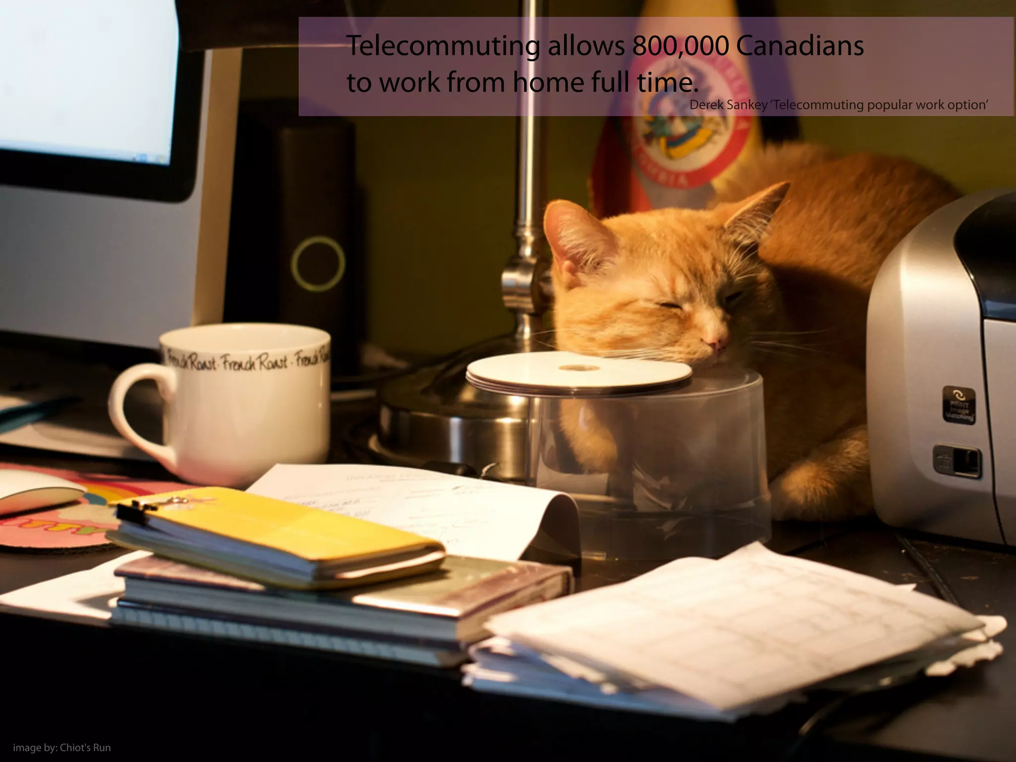 Telecommuting allows 800,000 Canadians
to work from home full time.
image by: Chiot's Run
Derek Sankey‘Telecommuting popular work option’
 