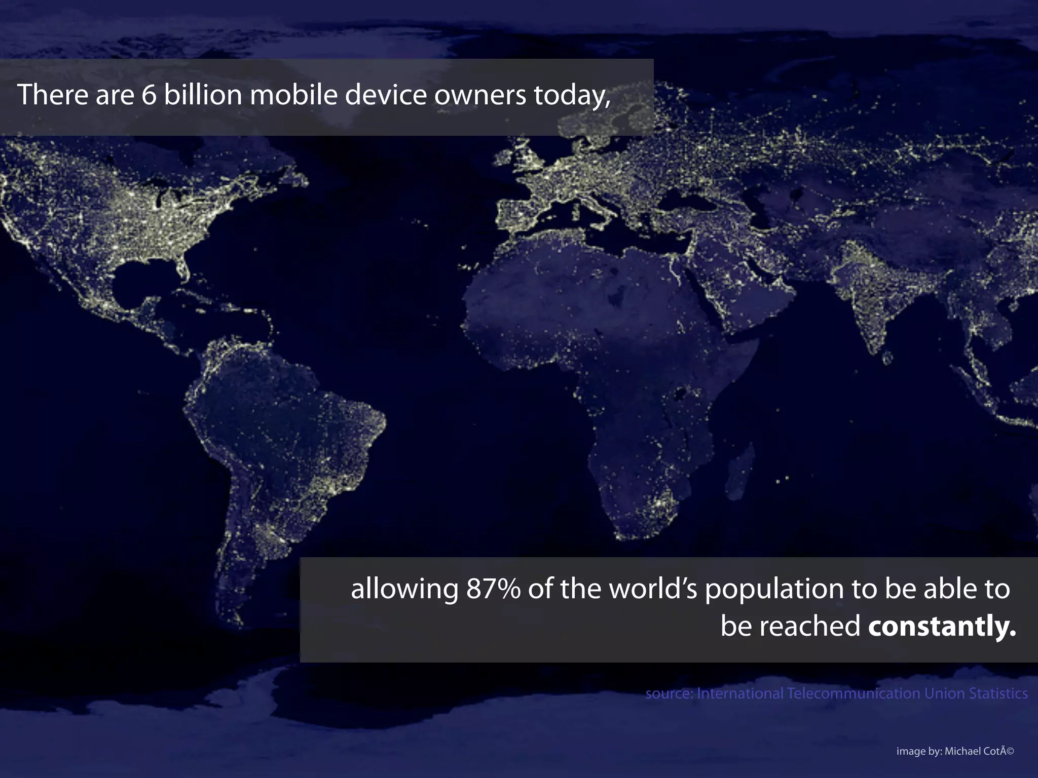 There are 6 billion mobile device owners today,
allowing 87% of the world’s population to be able to
be reached constantly.
image by: Michael CotÃ©
source: International Telecommunication Union Statistics
 