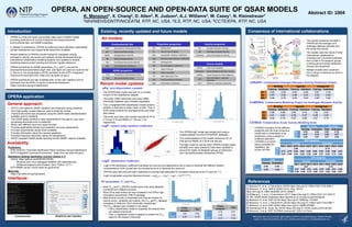 OPERA, AN OPEN-SOURCE AND OPEN-DATA SUITE OF QSAR MODELS
K. Mansouri1, X. Chang2, D. Allen2, R. Judson3, A.J. Williams3, W. Casey1, N. Kleinstreuer1
1NIH/NIEHS/DNTP/NICEATM, RTP, NC, USA; 2ILS, RTP, NC, USA; 3CCTE/EPA, RTP, NC, USA
References
Introduction Consensus of international collaborations
Existing, recently updated and future models
OPERA application
Recent model updates:
PK parameters: FU and CLint
CERAPP: Collaborative Estrogen Receptor Activity Prediction Project
CoMPARA: Collaborative Modeling Project for Androgen Receptor Activity
CATMoS: Collaborative Acute Toxicity Modeling Suite
General approach:
Availability:
Interfaces:
pKa: acid dissociation constant
LogP: octanol-water partition coefficient
LogD: distribution coefficient
Predictions:
- EPA CompTox Chemicals Dashboard (https://comptox.epa.gov/dashboard)
- NTP’s Integrated Chemical Environment (https://ice.ntp.niehs.nih.gov/)
Standalone desktop application (current version 2.7):
- Github: https://github.com/NIEHS/OPERA
• Windows and Linux packaged installers with dependencies.
• Additional wrappers and libraries: Java, Python, C/C++
- NTP KNIME server: knime.niehs.nih.gov/knime/
More info:
- https://ntp.niehs.nih.gov/go/opera
Command line Graphical user interface
• OECD 5 principles for QSAR validation are employed during modeling
• Only high-quality curated data are used to build the models
• Chemical structures are processed using the QSAR-ready standardization
workflow prior to modeling
• The QSAR-ready workflow is also implemented in the app for user input
processing structures prior to prediction
• Works with different input and output formats
• Provides applicability domain and prediction accuracy assessment
• Provides experimental values when available
• Provides information about the nearest neighbors
• Provides molecular descriptor values for transparency
• OECD-compliant QSAR model reporting format (QMRF) reports available
• The OPERA logP model was initially built using a
curated dataset from the PHYSPROP database.
• The overall statistics of the model reached an R2 of
0.86 and an RMSE of 0.78 for the test set.
• The logP model as well as other OPERA models (water
solubility, and vapor pressure) have been updated to
account for highly investigated groups of chemicals
such as polyfluorinated substances (PFAS).
• The OPERA pKa model was built on a curated
version of the DataWarrior dataset.
• The acidic (3260 chemicals) and basic (3680
chemicals) datasets were modeled separately
• First, a weighted-kNN classification model predicts
whether a chemical is acidic, basic or both. Then a
SVM model predicts the strongest acidic and basic
pKa values
• The acidic and basic pKa models reached an R2 of
0.72 and 0.78 and RMSE of 1.80 and 1.53,
respectively.
• LogD is the distribution coefficient that takes into account pH-dependence and is used to estimate the different relative
concentrations of the ionized and non-ionized forms of a chemical at a given pH.
• OPERA uses both pKa and logP predictions to provide logD estimates for ionizable chemicals at pH 5.5 and pH 7.4.
• LogD is estimated using the following formula: 𝑙𝑜𝑔𝐷(𝑝𝐻) = 𝑙𝑜𝑔𝑃 − log(1 + 10 𝑝𝐻−𝑝𝐾𝑎
)
Binding Agonist Antagonist
Training Validation Training Validation Training Validation
Sn 0.93 0.58 0.85 0.94 0.67 0.18
Sp 0.97 0.92 0.98 0.94 0.94 0.90
BA 0.95 0.75 0.92 0.94 0.80 0.54
Binding Agonist Antagonist
Training Validation Training Validation Training Validation
Sn 0.99 0.69 0.95 0.74 1.00 0.61
Sp 0.91 0.87 0.98 0.97 0.95 0.87
BA 0.95 0.78 0.97 0.86 0.97 0.74
Very-Toxic Non-Toxic
Training Evaluation Train Evaluation
BA 0.93 0.84 0.92 0.78
Sn 0.87 0.70 0.88 0.67
Sp 0.99 0.97 0.97 0.90
EPA categories
Training Evaluation
Cat 1 Cat 2 Cat 3 Cat 4 Cat 1 Cat 2 Cat 3 Cat 4
BA 0.87 0.74
Sn 0.87 0.83 0.91 0.63 0.70 0.56 0.81 0.40
Sp 0.99 0.95 0.75 0.98 0.97 0.88 0.62 0.97
GHS categories
Training Evaluation
Cat 1 Cat 2 Cat 3 Cat 4 Cat 5 Cat 1 Cat 2 Cat 3 Cat 4 Cat 5
BA 0.88 0.74
Sn 0.73 0.75 0.84 0.80 0.88 0.50 0.53 0.56 0.66 0.67
Sp 0.99 0.99 0.92 0.89 0.96 0.99 0.97 0.89 0.74 0.90
LD50
Training Evaluation
R2 0.85 0.65
RMSE 0.30 0.49
• Both CLint and FU OPERA models were built using datasets
combined from different sources.
• Most of the data entries are also available in the EPA’s high-
throughput toxicokinetic (httk) R package.
• After several rounds of automated and manual curation to
reduce errors, variability and outliers, the CLint and FU datasets
consisted of 1056 and 1873 chemicals, respectively.
• The CLint dataset was modeled in two steps:
• First a classification model to separate the cleared from
non-cleared chemicals
• Then, a regression model is applied to predict the CLint
value for the cleared chemicals.
• The toxicity endpoints included in
OPERA are the estrogen and
androgen pathway activities and
the acute oral toxicity
• The models were the result of three
international collaborations
including over a hundred scientists
from a total of 35 research groups
covering governmental institutions,
industry and academia
• Multiple models were combined
into a unique consensus as show in
the diagram.
• CATMoS consisted of five different
endpoints and the final consensus
model was a combination of all
predictions using a weight of
evidence approach.
• CATMoS is currently
being evaluated for
regulatory use
by the US EPA.
Cross-
validation
Test
R2 0.63 0.65
RMSE 0.20 0.19
Cross-
validation
Test
BA 0.70 0.57
R2 0.40 0.39
RMSE 0.73 0.79
• OPERA is a free and open-source/open-data suite of QSAR models
providing predictions for toxicity endpoints and physicochemical,
environmental fate, and ADME properties.
• In addition to predictions, OPERA provides accuracy estimates, applicability
domain assessment and experimental data when available.
• Recent additions to OPERA include models for estrogenic activity,
androgenic activity, and acute oral systemic toxicity developed through
international collaborative modeling projects, and updates to models
predicting plasma protein binding and intrinsic hepatic clearance.
• OPERA predictions for ADME parameters (CLint and FU) as well as
physicochemical parameters (logP, pKa, and logD) are used as inputs for the
in vitro to in vivo extrapolation (IVIVE) workflow on the NTP’s Integrated
Chemical Environment (ICE: https://ice.ntp.niehs.nih.gov/).
• OPERA predictions are also available both via the user interface and for
download from the EPA’s CompTox Chemicals Dashboard.
(https://comptox.epa.gov/dashboard).
[1] Mansouri K. et al. J Cheminform (2018) https://doi.org/10.1186/s13321-018-0263-1
[2] Mansouri, K. et al. SAR & QSAR in Env. Res. (2016)
https://doi.org/10.1080/1062936X.2016.1253611
[3] Williams A. J. et al. J Cheminform (2017) https://doi.org/10.1186/s13321-017-0247-6
[4] JRC QSAR Model Database https://qsardb.jrc.ec.europa.eu/qmrf/endpoint
[5] Mansouri, K. et al. EHP (2016) https://doi.org/10.1289/ehp.1510267
[6] Mansouri, K. et al. J Cheminform (2019) https://doi.org/10.1186/s13321-019-0384-1
[7] Mansouri, K. et al. EHP (2020) https://doi.org/10.1289/EHP5580
[8] Kleinstreuer et al. Comp Tox (2018) https://doi.org/10.1016/j.comtox.2018.08.002
[9] Mansouri, K et al. EHP “CATMoS manuscript” (2021) In Press
This poster does not necessarily reflect policies of EPA or any federal agency. Mention of trade
names or commercial products does not constitute endorsement or recommendation for use.
All models:
Physchem properties
BP Boiling Point
HL Henry's Law Constant
KOA Octanol/Air Partition Coefficient
LogP Octanol-water Partition Coefficient
MP Melting Point
KOC Soil Adsorption Coefficient
VP Vapor Pressure
WS Water Solubility
RT HPLC Retention Time
pKa Acid Dissociation Constant
logD Distribution Coefficient
Environmental fate
AOH Atmospheric Hydroxylation Rate
BCF Bioconcentration Factor
BioHL Biodegradation Half-life
RB Ready Biodegradability
KM Fish Biotransformation Half-life
KOC Soil Adsorption Coefficient
ADME properties
FUB Atmospheric Hydroxylation Rate
Clint Bioconcentration Factor
Toxicity endpoints
ER Estrogen Receptor Activity
AR Androgen Receptor Activity
AcuteTox Acute Oral Systemic Toxicity
Future models
CACO2 Caco-2 permeability
Inhalation Acute Inhalation Systemic Toxicity
SixPack Acute Toxicity Six-Pack Endpoints
UGT
Glucuronidation: substrate
selectivity
SULT Sulfation: substrate selectivity
Abstract ID: 1004
 