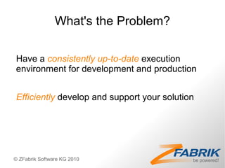 What's the Problem?

Have a consistently up-to-date execution
environment for development and production


Efficiently develop and support your solution




© ZFabrik Software KG 2010
 
