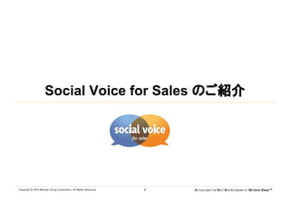 Social Voice for Sales のご紹介




Copyright © 2012 Netyear Group Corporation. All Rights Reserved.   8   ACTUALIZING THE NEXT NEW ECONOMY AT NETYEAR SPEED™
 