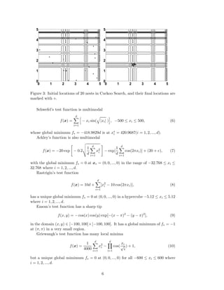 5 
4 
3 
2 
1 
0 
0 1 2 3 4 5 
5 
4 
3 
2 
1 
0 
0 1 2 3 4 5 
Figure 3: Initial locations of 20 nests in Cuckoo Search, and their final locations are 
marked with ⋄. 
Schwefel’s test function is multimodal 
f(x) = 
Xd 
i=1 
q 
|xi| ) 
h 
− xi sin( 
i 
, −500 ≤ xi ≤ 500, (6) 
whose global minimum f 
 
= −418.9829d is at xi 
= 420.9687(i = 1, 2, ..., d). 
Ackley’s function is also multimodal 
f(x) = −20 exp 
vuut 
 
− 0.2 
1 
d 
Xd 
i=1 
x2i 
# 
− exp[ 
1 
d 
Xd 
i=1 
cos(2πxi)] + (20 + e), (7) 
with the global minimum f 
 
= 0 at x 
 
= (0, 0, ..., 0) in the range of −32.768 ≤ xi ≤ 
32.768 where i = 1, 2, ..., d. 
Rastrigin’s test function 
f(x) = 10d + 
Xd 
i=1 
[x2i − 10 cos(2πxi)], (8) 
has a unique global minimum f 
 
= 0 at (0, 0, ..., 0) in a hypercube −5.12 ≤ xi ≤ 5.12 
where i = 1, 2, ..., d. 
Easom’s test function has a sharp tip 
f(x, y) = −cos(x) cos(y) exp[−(x − π)2 − (y − π)2], (9) 
in the domain (x, y) ∈ [−100, 100]×[−100, 100]. It has a global minimum of f 
 
= −1 
at (π, π) in a very small region. 
Griewangk’s test function has many local minima 
f(x) = 
1 
4000 
Xd 
i=1 
x2i 
− 
Yd 
i=1 
cos( 
xi √i 
) + 1, (10) 
but a unique global mimimum f 
 
= 0 at (0, 0, ..., 0) for all −600 ≤ xi ≤ 600 where 
i = 1, 2, ..., d. 
6 
 