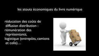 les atouts économiques du livre numérique


réducation des coûts de
 diffusion distribution :
rémunération des
 représentants,
logistique (entrepôts, camions
 et colis)…
 