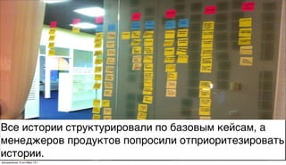Все истории структурировали по базовым кейсам, а
менеджеров продуктов попросили отприоритезировать
истории.
воскресенье, 6 октября 13г.
 