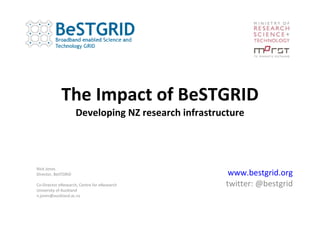 The Impact of BeSTGRID Developing NZ research infrastructure www.bestgrid.org twitter: @bestgrid Nick Jones Director, BeSTGRID Co-Director eResearch, Centre for eResearch University of Auckland [email_address] 