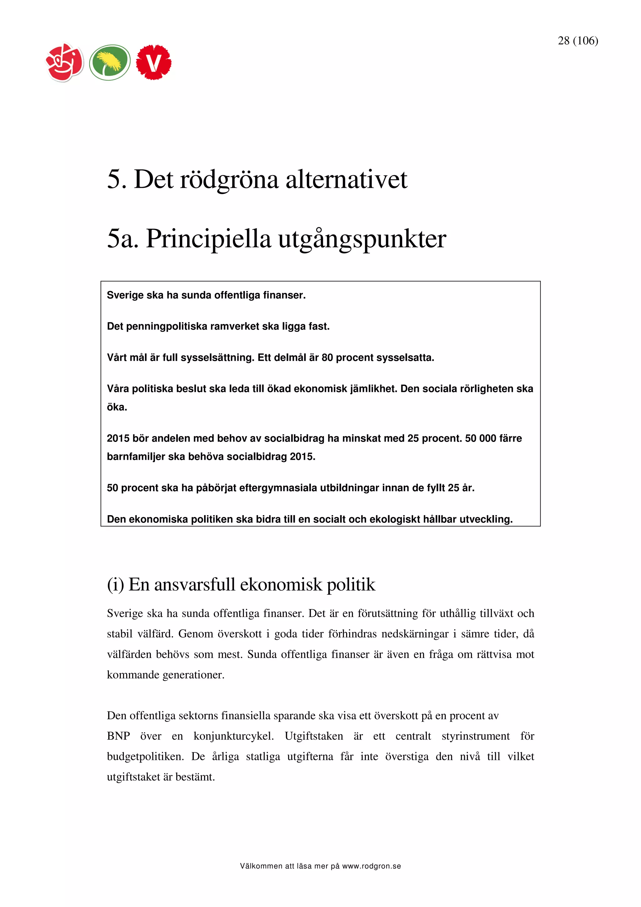 28 (106)




5. Det rödgröna alternativet

5a. Principiella utgångspunkter
Sverige ska ha sunda offentliga finanser.


Det penningpolitiska ramverket ska ligga fast.


Vårt mål är full sysselsättning. Ett delmål är 80 procent sysselsatta.


Våra politiska beslut ska leda till ökad ekonomisk jämlikhet. Den sociala rörligheten ska
öka.


2015 bör andelen med behov av socialbidrag ha minskat med 25 procent. 50 000 färre
barnfamiljer ska behöva socialbidrag 2015.


50 procent ska ha påbörjat eftergymnasiala utbildningar innan de fyllt 25 år.


Den ekonomiska politiken ska bidra till en socialt och ekologiskt hållbar utveckling.




(i) En ansvarsfull ekonomisk politik
Sverige ska ha sunda offentliga finanser. Det är en förutsättning för uthållig tillväxt och
stabil välfärd. Genom överskott i goda tider förhindras nedskärningar i sämre tider, då
välfärden behövs som mest. Sunda offentliga finanser är även en fråga om rättvisa mot
kommande generationer.


Den offentliga sektorns finansiella sparande ska visa ett överskott på en procent av
BNP över en konjunkturcykel. Utgiftstaken är ett centralt styrinstrument för
budgetpolitiken. De årliga statliga utgifterna får inte överstiga den nivå till vilket
utgiftstaket är bestämt.




                            Välkommen att läsa mer på www.rodgron.se
 