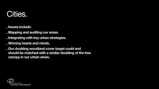 Cities.
- Issues include:
- Mapping and auditing our areas.
- Integrating with key urban strategies.
- Winning hearts and minds.
- Our doubling woodland cover target could and
  should be matched with a similar doubling of the tree
  canopy in our urban areas.
 