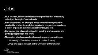 Jobs
- Plus tourism, leisure and recreational pursuits that are heavily
  reliant on the region’s woodlands.
- New woodlands, for example those created on neglected or
  derelicit land sites through the Newlands programme, can have
  a direct impact on business investment levels, too.
- Our sector can play a direct part in tackling worklessness and
  getting people back into work.
- The region also has an education and research capacity, e.g.
    - University of Cumbria’s National School of Forestry
    - Pulp and paper research at the University of Manchester.
 