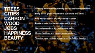 TREES 	  	              	
                            Radically increase tree planting and double woodland cover.

CITIES  	       	
                            Bring a cool green revolution to our towns and cities.

CARBON 	 	                  Play a major part in tackling climate change.

WOOD    	       	
                            Produce more timber and use more timber.

JOBS	           	
                            Support green jobs and sustainable skills.

HAPPINESS           	
                            Create healthier and happier communities.

BEAUTY      	               Transform our region’s image, from the field to the city.
 